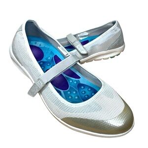 Rockport Mary Jane Flat Shoes White Silver 8 Breathable Mesh Light Walk Sneakers